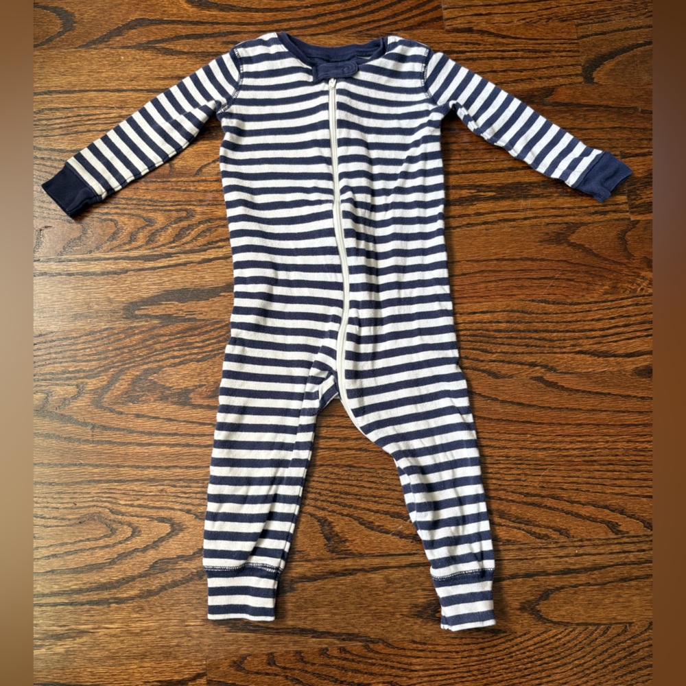 Primary Navy and White Striped Organic Cotton Zip Romper Pajamas